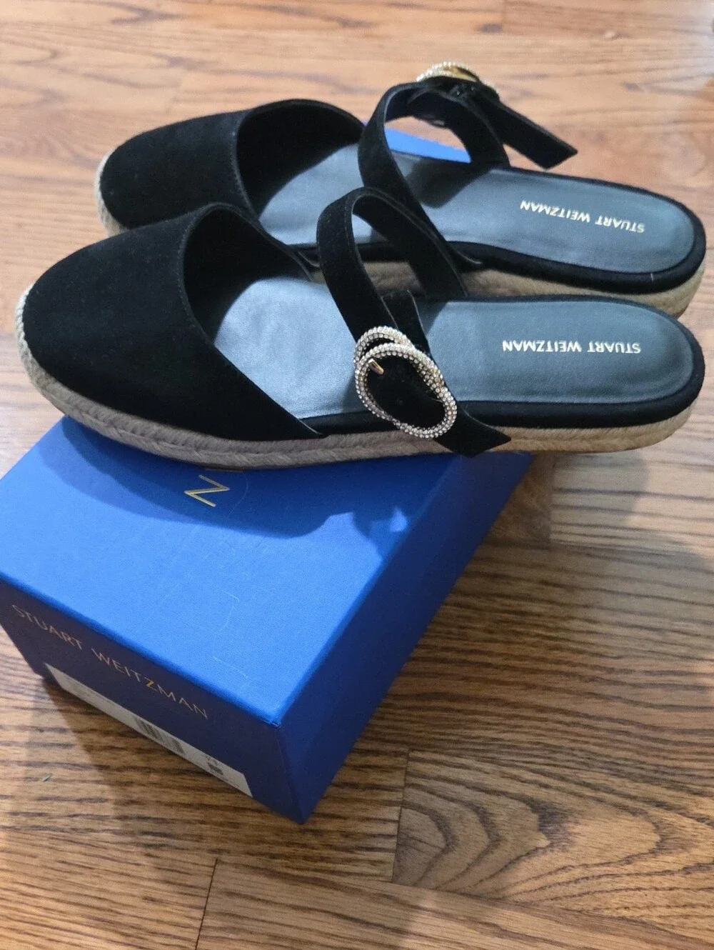 Stuart Weitzman Black Suede Crystal Buckle Espadrille Mule